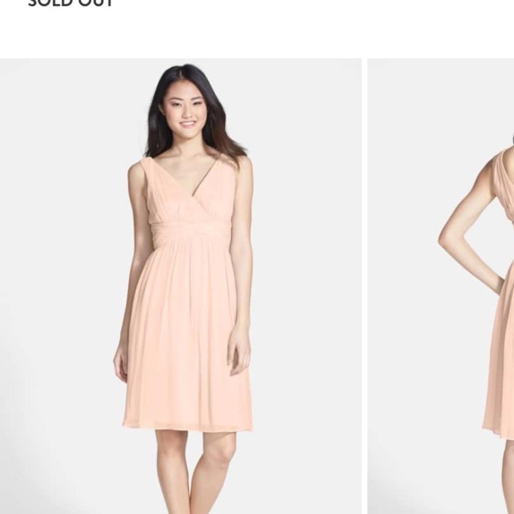 Donna Morgan Peach Fuzz bridesmaid dress